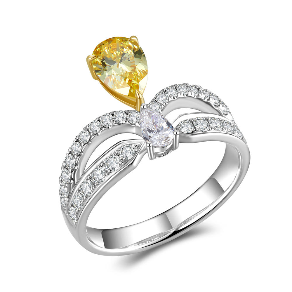 0.712 ct Pear-Shaped Fancy Yellow Diamond Ring | 18K Two-Tone Gold | 0.58 ct White Diamond Halo | Double Water-Drop Design