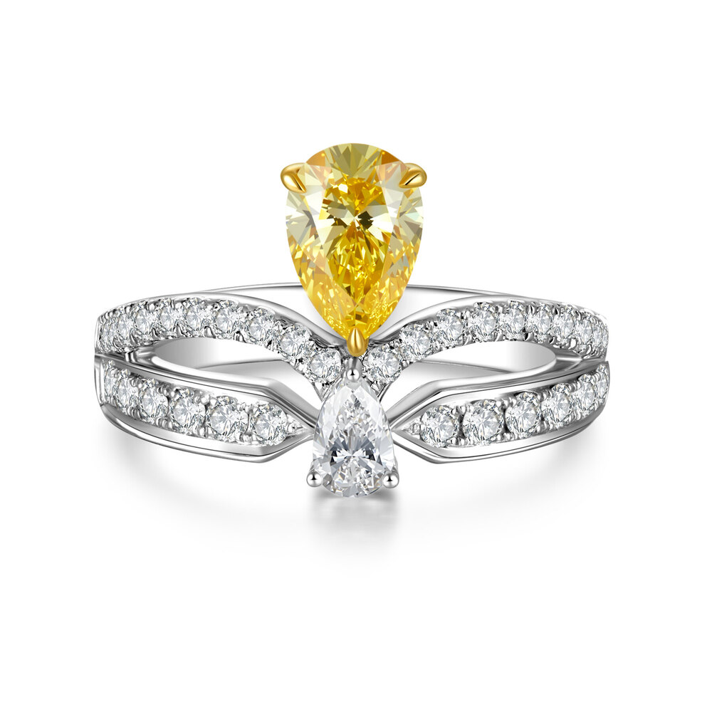 0.712 ct Pear-Shaped Fancy Yellow Diamond Ring | 18K Two-Tone Gold | 0.58 ct White Diamond Halo | Double Water-Drop Design
