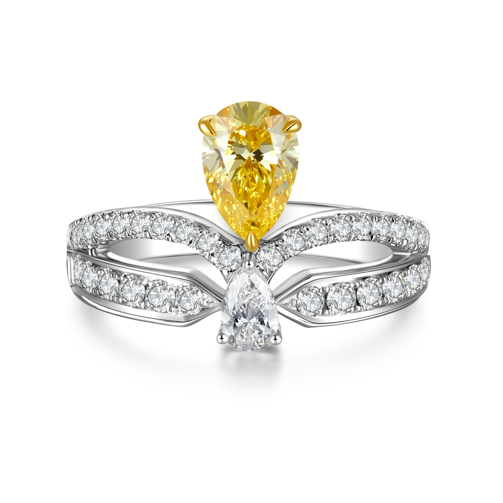 0.712 ct Pear-Shaped Fancy Yellow Diamond Ring | 18K Two-Tone Gold | 0.58 ct White Diamond Halo | Double Water-Drop Design