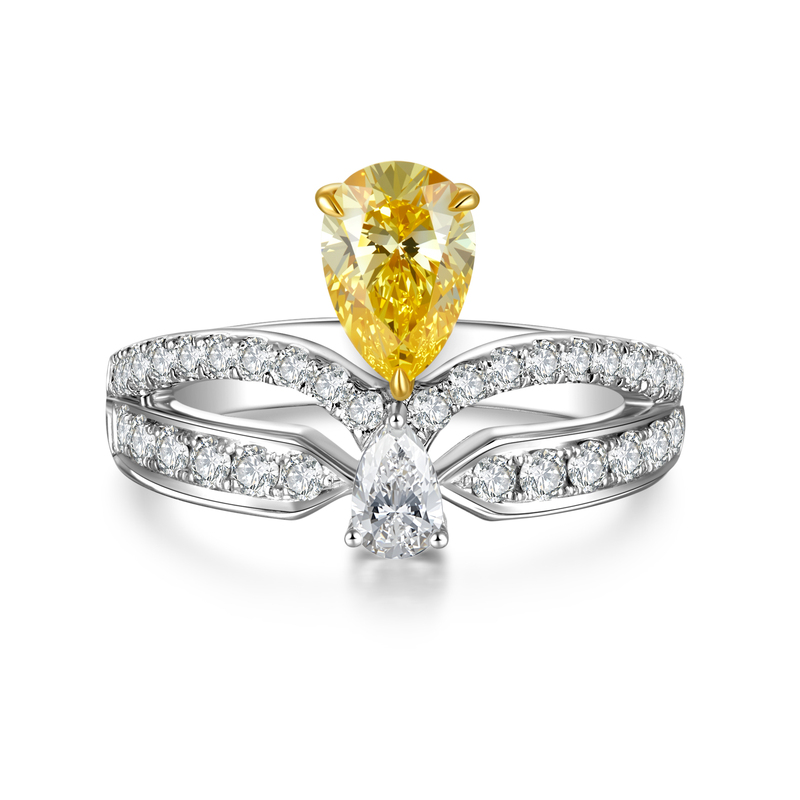 0.712CT Pear-Shaped Fancy Yellow Diamond Ring | 18K Two-Tone Gold | 0.58CT White Diamond Halo | Double Water-Drop Design