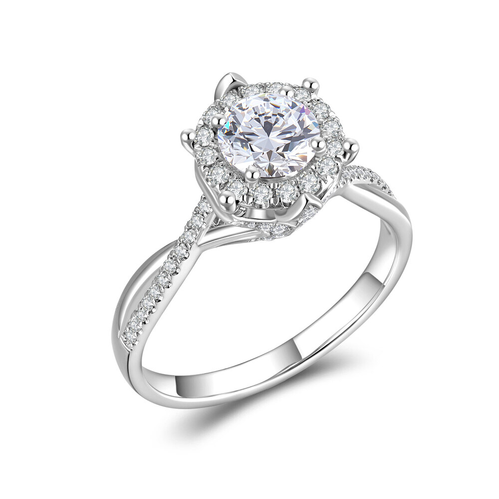 Pt950 Diamond Halo Ring | 0.63 ct D-E Color VVS Clarity Twisted Band
