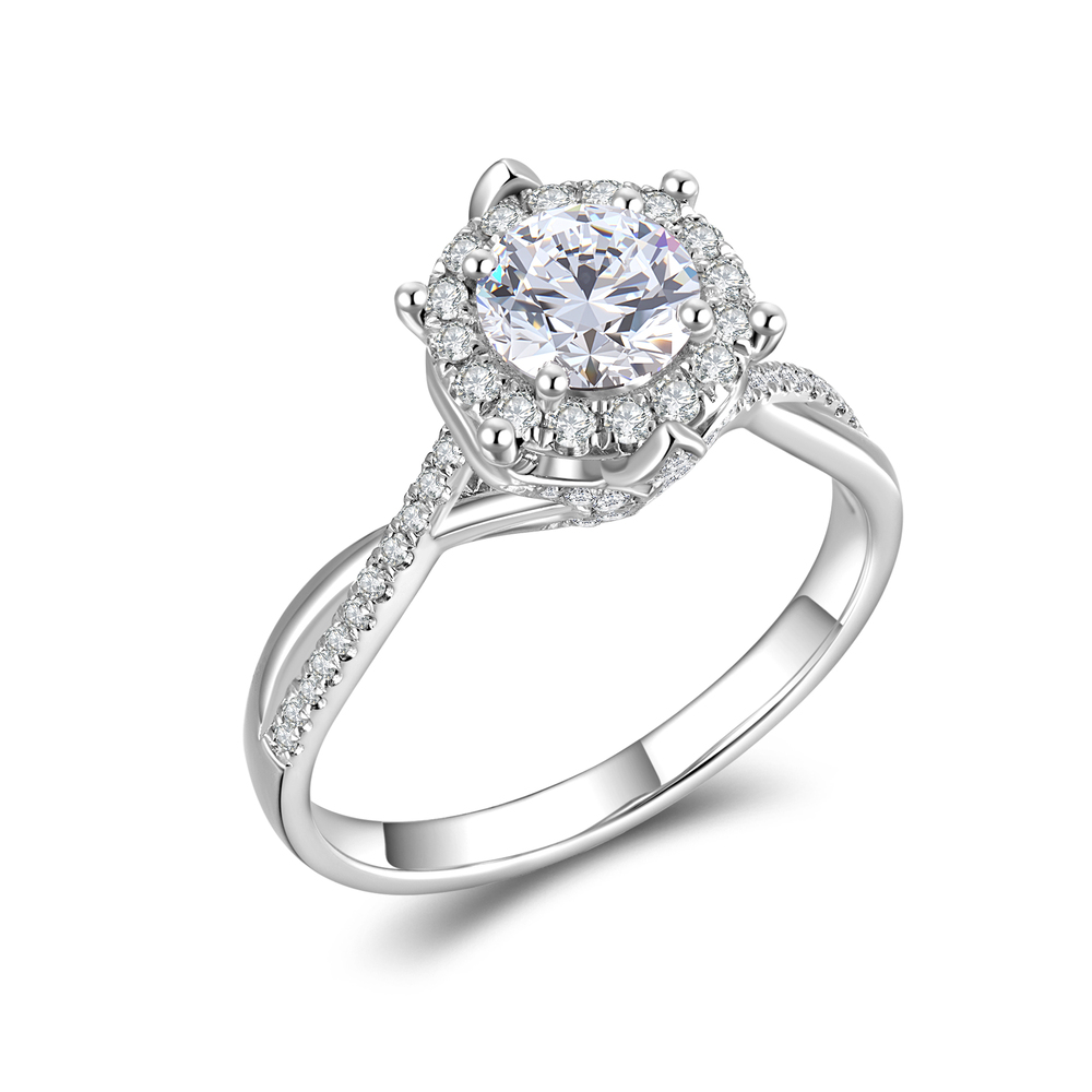 Pt950 Diamond Halo Ring | 0.63 ct D-E Color VVS Clarity Twisted Band