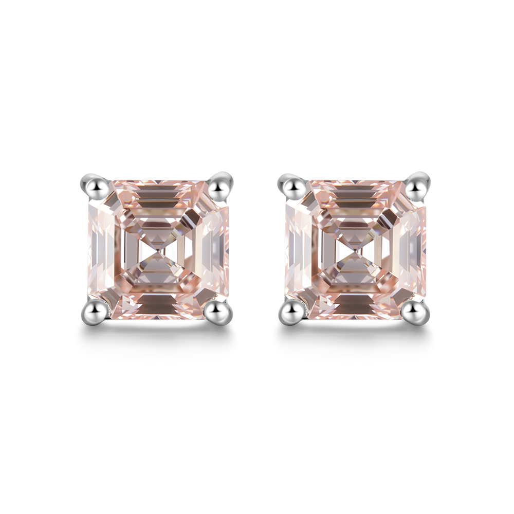 Ethereal Asscher Cut Pink Diamond Earrings – 360° Brilliance with Four-Prong Setting
