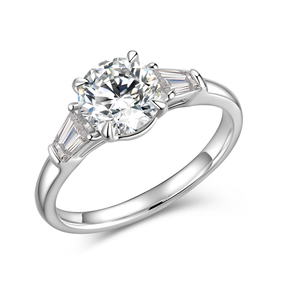 1.52 ct. tw. Classic Three-Stone Diamond Ring | 1.27 ct D Color Round Centerpiece, 950 Platinum with Baguette Side Stones