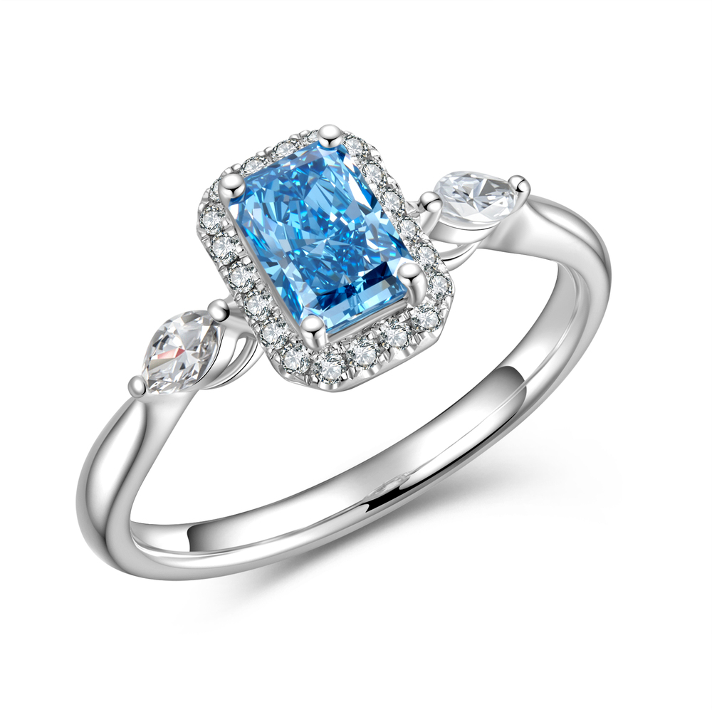 0.72 ct Radiant Cut Natural Blue Diamond Ring | 950 Platinum | Pear-Shaped Accents & Diamond Halo