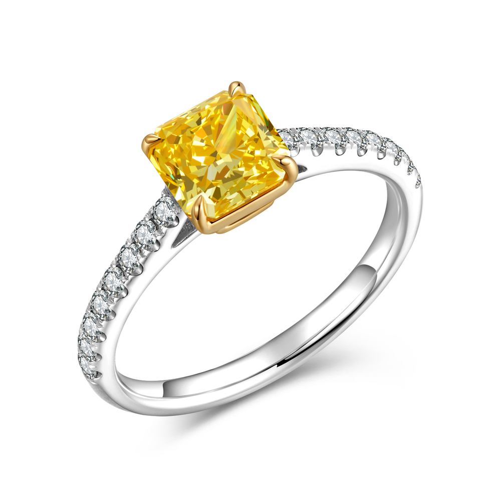 1.11 ct Cushion Cut Lab Grown Yellow Diamond Ring | VVS Clarity | 18K White Gold with Diamond Shank