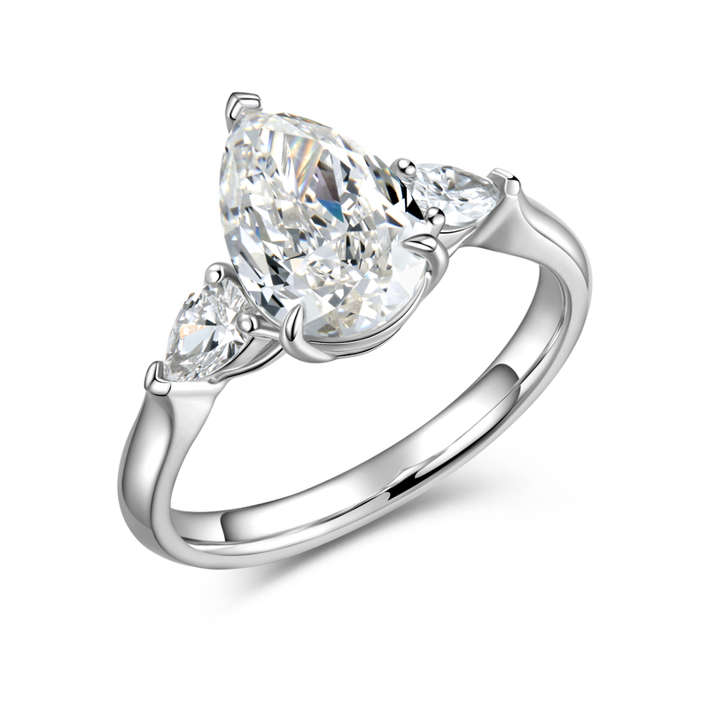 Platinum Pear Three-Stone Ring | 2.50Ct D-E Color VS | 2.86Ct Total Weight