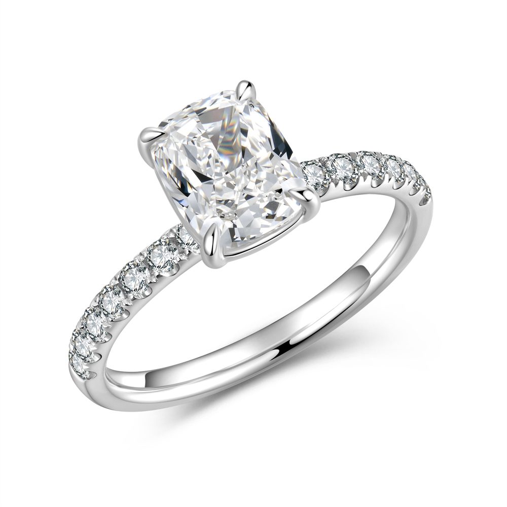 Platinum Gold Cushion Cut Diamond Ring | 1.93 ct. tw. D-E Color VS | Full Pavé Setting