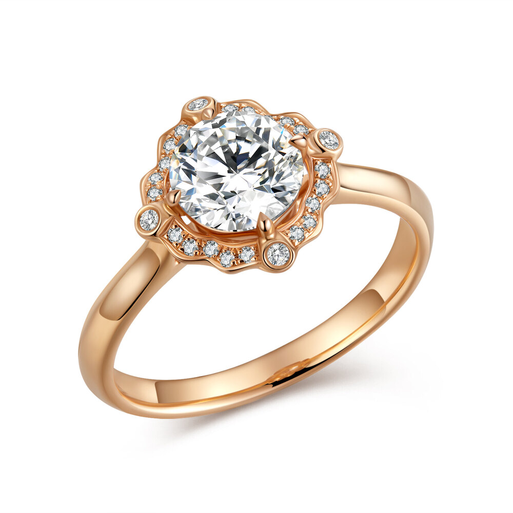 Blossom · 18K Rose Gold Halo Diamond Ring with Round Center Stone