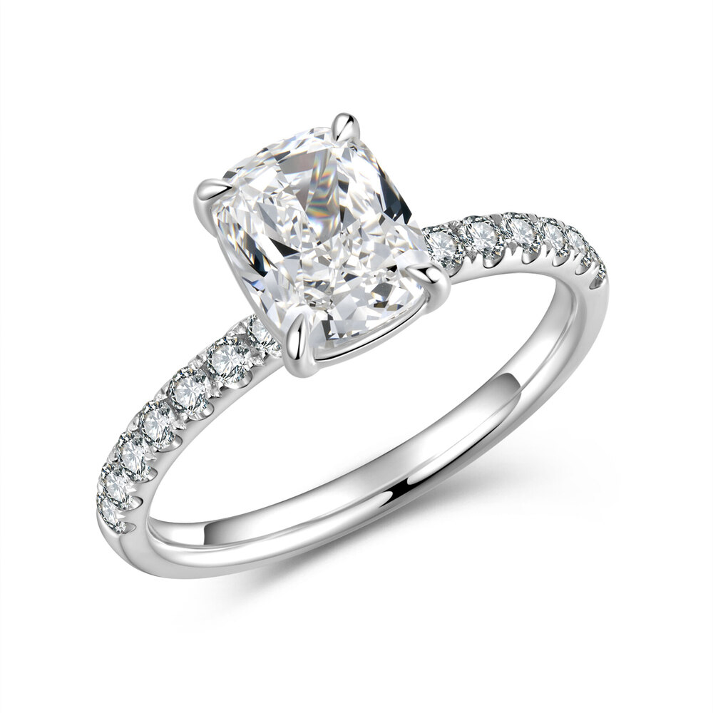 Platinum Gold Cushion Cut Diamond Ring | 1.93 ct. tw. D-E Color VS | Full Pavé Setting