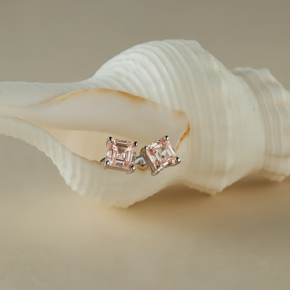 Ethereal Asscher Cut Pink Diamond Earrings – 360° Brilliance with Four-Prong Setting