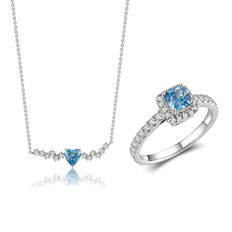 [Mother’s Day Exclusive • 40% OFF] Serene Sapphire Gift Set: 18K White Gold Heart Necklace & Cushion-Cut Halo Ring | Crafted for Her, Cherished Always