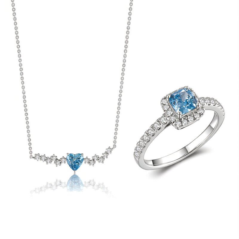 [New Brand Launch • 40% OFF] Serene Sapphire Gift Set: 18K White Gold Heart Necklace & Cushion-Cut Halo Ring | Crafted for Her, Cherished Always