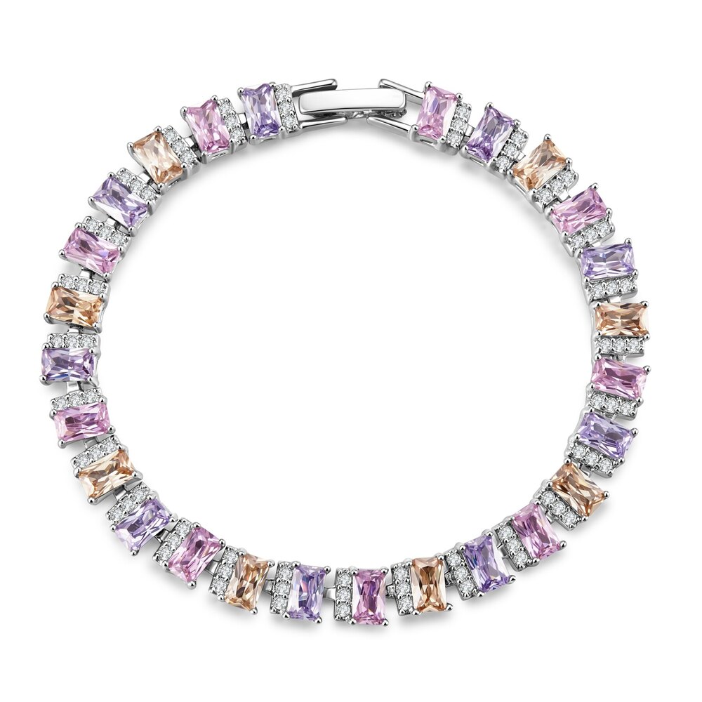 Emerald-Cut Lab-Diamond Tennis Bracelet｜14K White Gold｜Interwoven Pink, Yellow & Purple｜ ~8.73 ct. tw.
