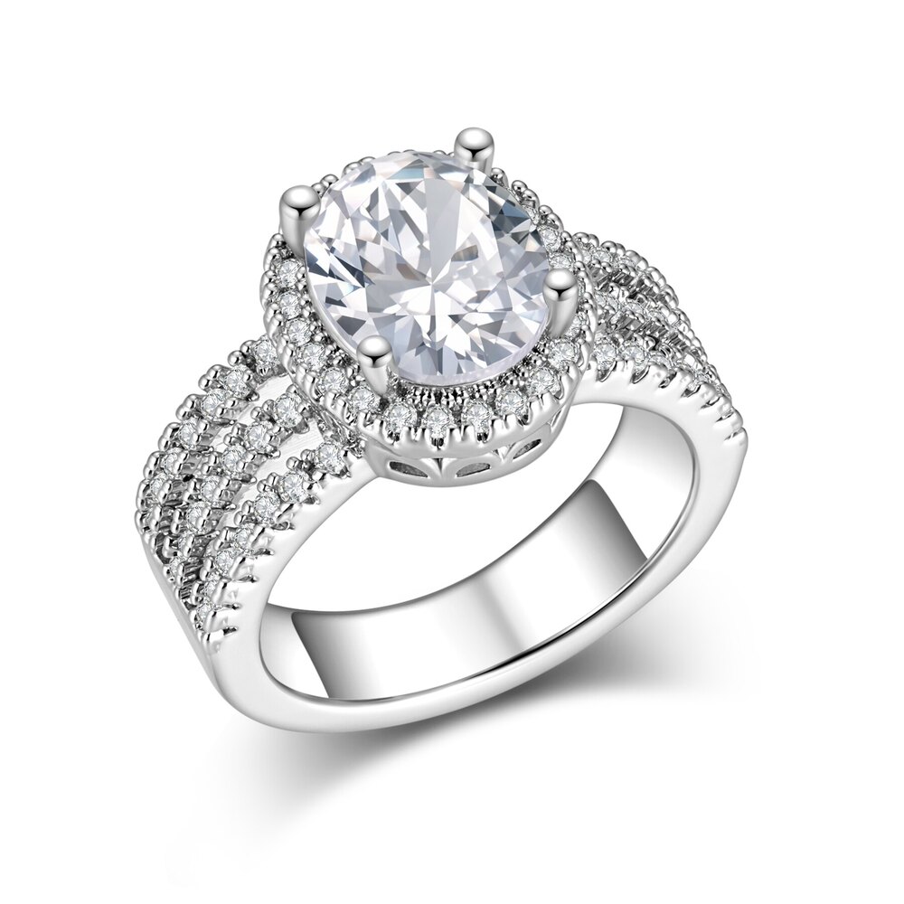 18K White Gold Triple-Band Pavé Oval Halo Lab-Grown Diamond Engagement Ring | Total Carat Weight ~2.55 ct. tw.