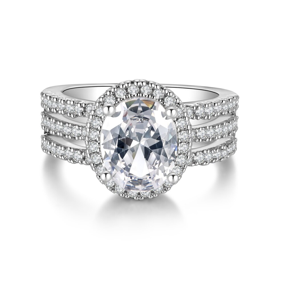 18K White Gold Triple-Band Pavé Oval Halo Lab-Grown Diamond Engagement Ring | Total Carat Weight ~2.55 ct. tw.