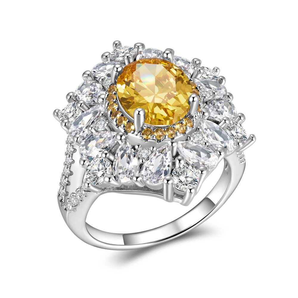 18K Two-Tone Gold ~3.34 ct. tw. Fancy Vivid Yellow Oval Diamond Multi-Dimensional Flower Ring