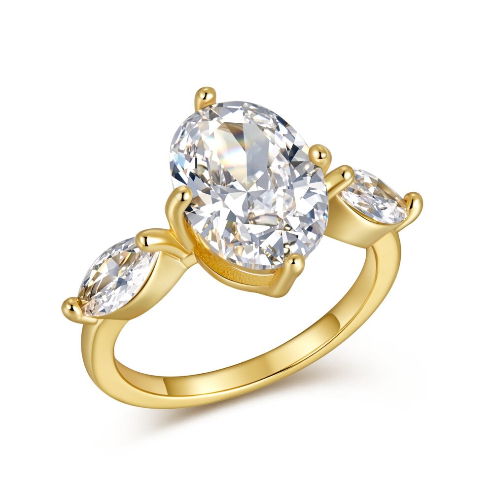 14K Yellow Gold Three-Stone Lab-Grown Diamond Ring | ~1.50 ct. tw. Oval Center with Custom Dual-Cut Interlocking Band