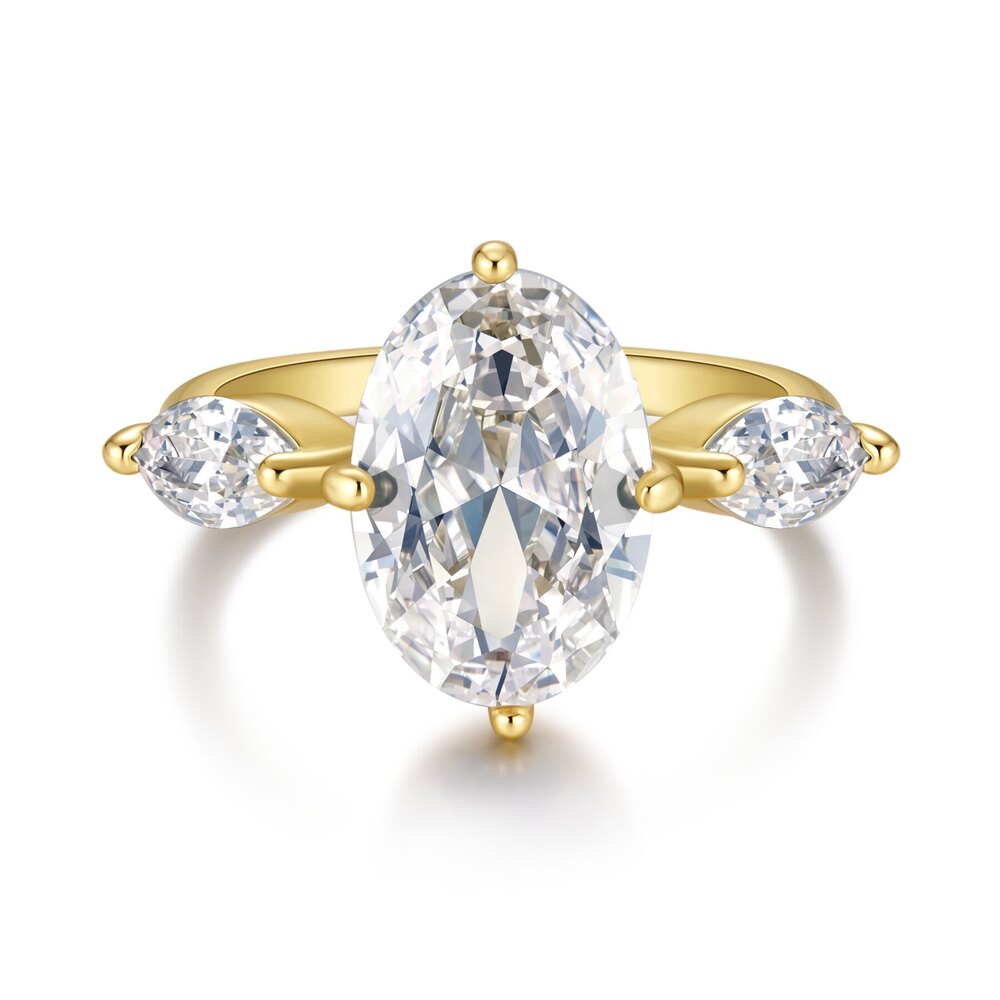 14K Yellow Gold Three-Stone Lab-Grown Diamond Ring | ~1.50 ct. tw. Oval Center with Custom Dual-Cut Interlocking Band