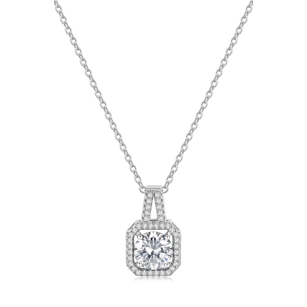 18K White Gold Square Halo Lab-Grown Diamond Pendant | ~1.93 ct. tw. Round Brilliant Center with Pavé Openwork Bail