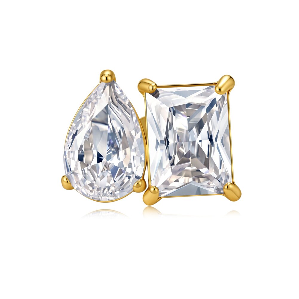 14K Yellow Gold Asymmetric Toi et Moi Stud Earrings | ~2.15 ct. tw. Emerald & Pear-Cut Lab-Grown Diamond Design