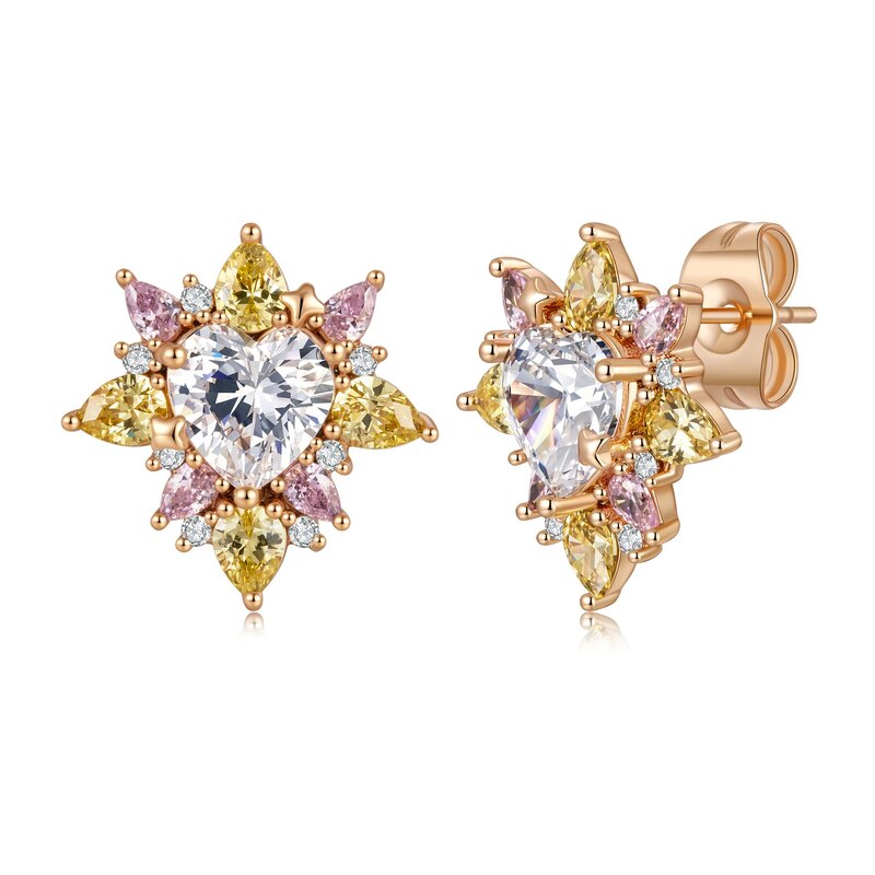 Rose Gold Heart & Pear-Cut Yellow & Pink Diamond Floral Stud Earrings