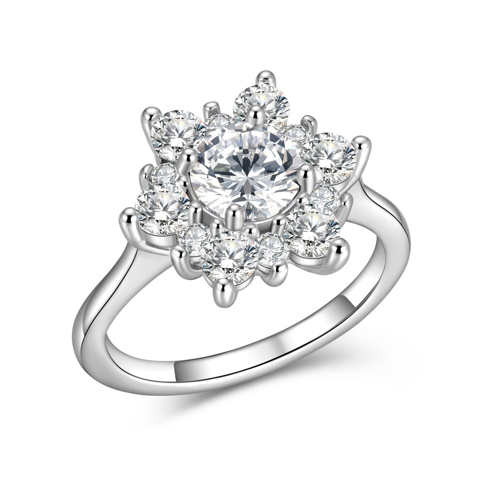 18K White Gold Sunflower Halo Lab-Grown Diamond Ring | ~3.29 ct. tw. Round Brilliant Center with Eight-Stone Halo & Pavé Band