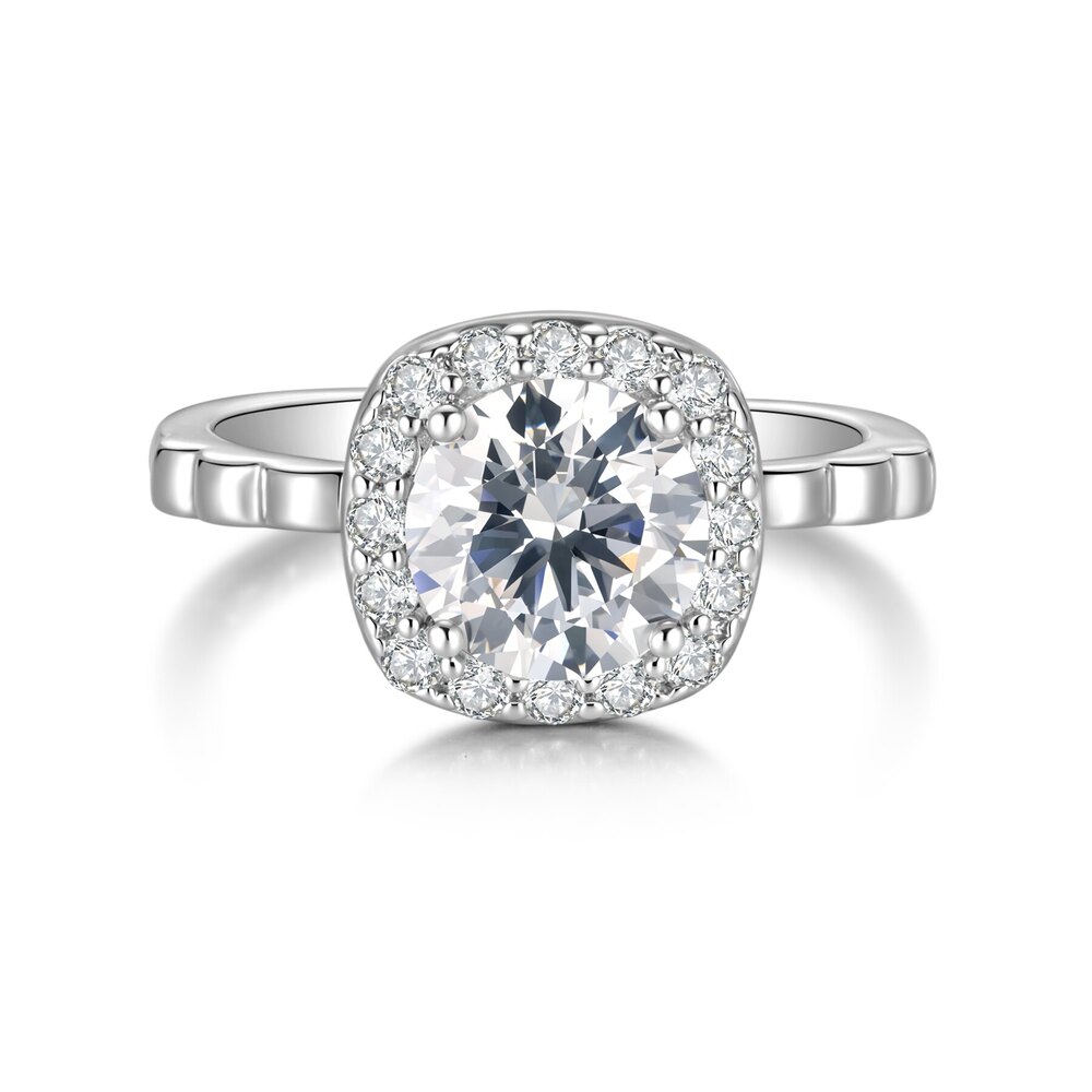 18K White Gold Cushion Halo Lab-Grown Diamond Ring | ~1.48 ct. tw. Round Brilliant Center with Cushion Halo & Pavé Band