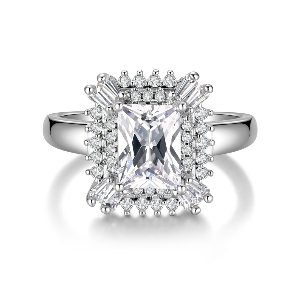 18K White Gold | ~3.03 ct. tw. Radiant Cut Lab-Grown Diamond Baguette & Round Double Halo Ring