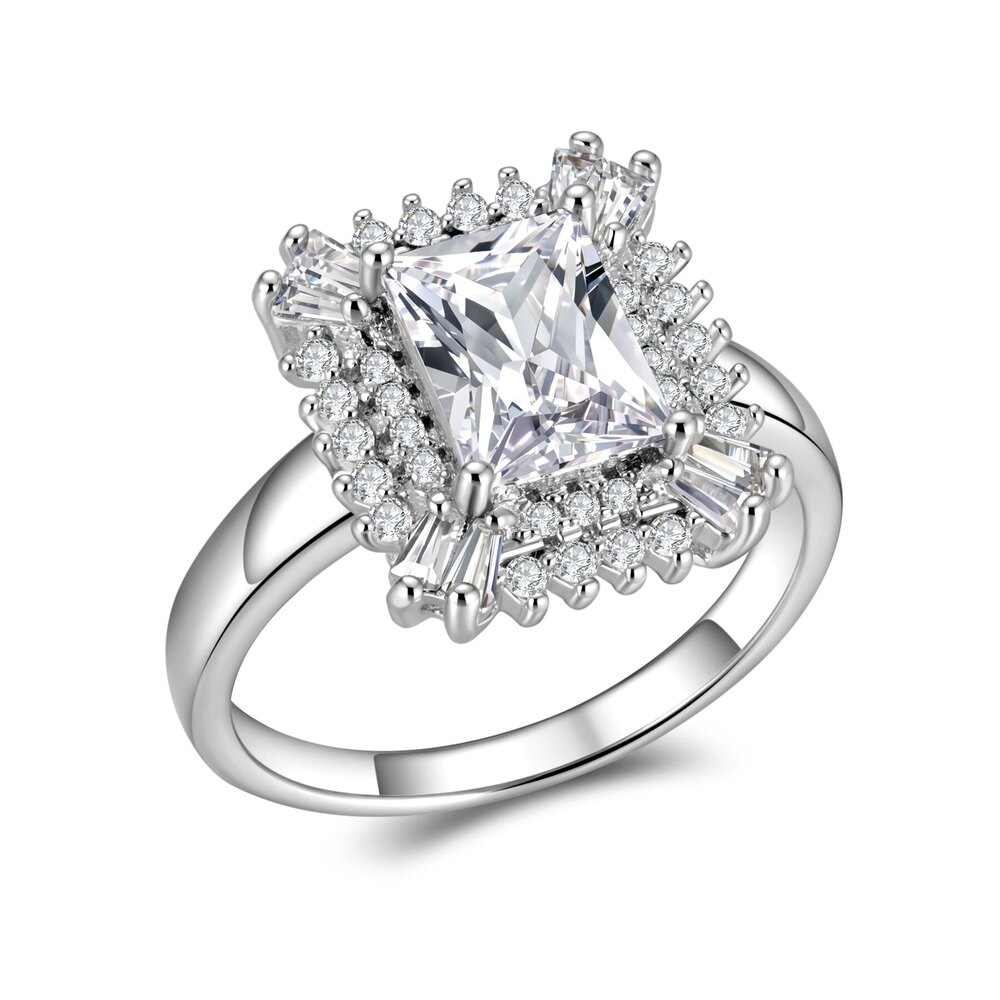 18K White Gold | ~3.03 ct. tw. Radiant Cut Lab-Grown Diamond Baguette & Round Double Halo Ring